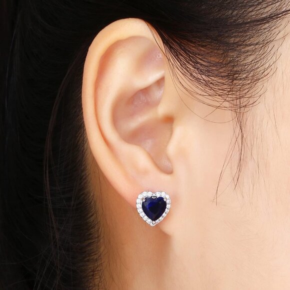 Women's Heart Blue Elegant Mall Dainty Halo Birthstone Cubic Zirconia Earring - Picture 3 of 6
